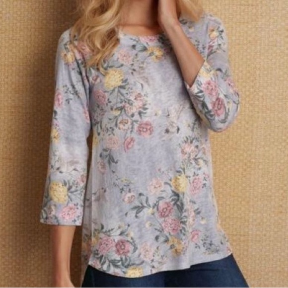 Soft Surroundings Blue Gray Bird Floral Light Knit Sweater Women's Size L - Picture 1 of 12